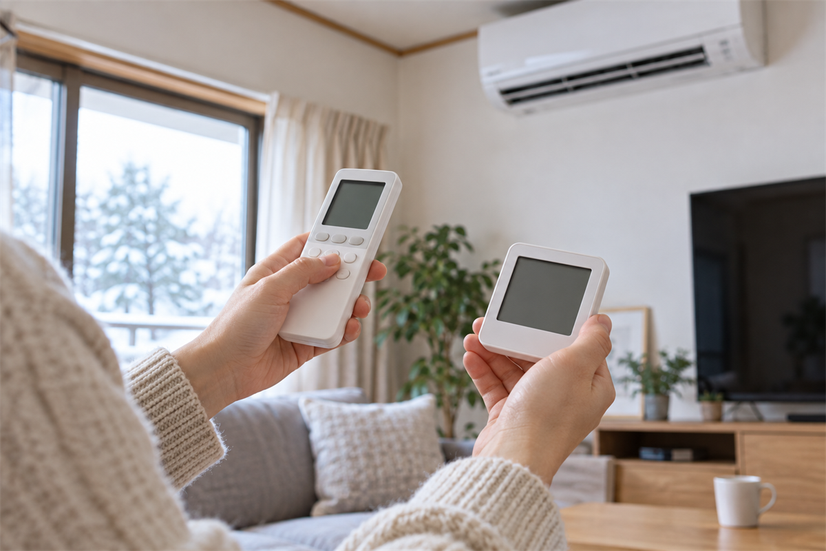 エアコンのリモコン表示と室温計を見比べる手元
