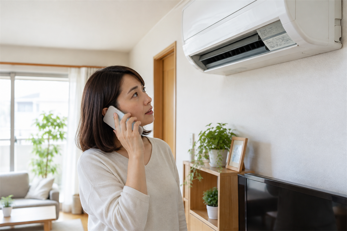暖房が効かないエアコンについて電話で相談する様子