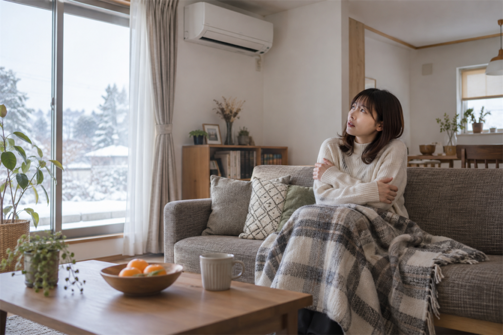 エアコン暖房中のリビングで足元の寒さを感じている様子