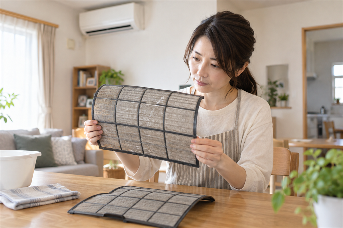 取り外したエアコンフィルターを安全な場所で確認する様子