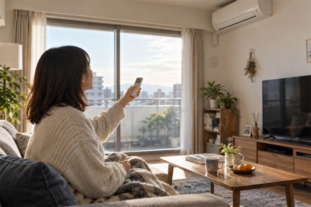 冬のリビングでエアコンのリモコンを確認する住人