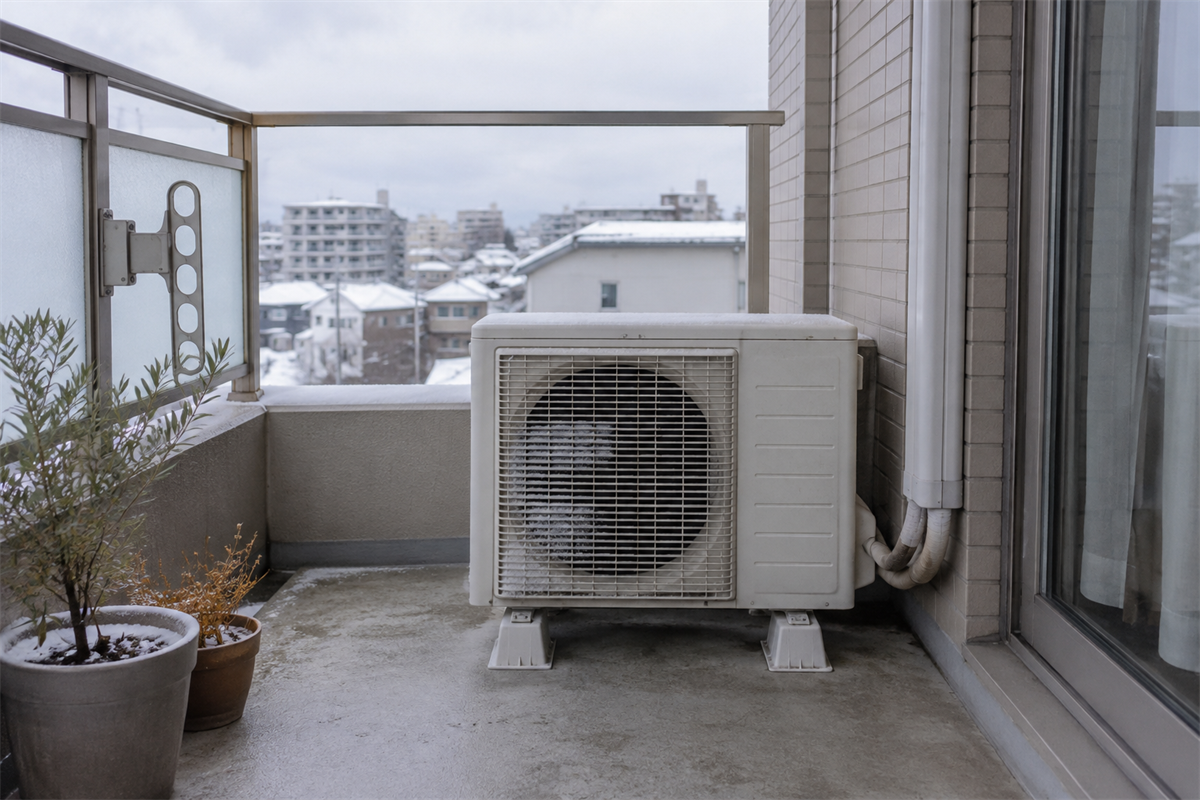 冬のベランダに設置された霜取り中の室外機