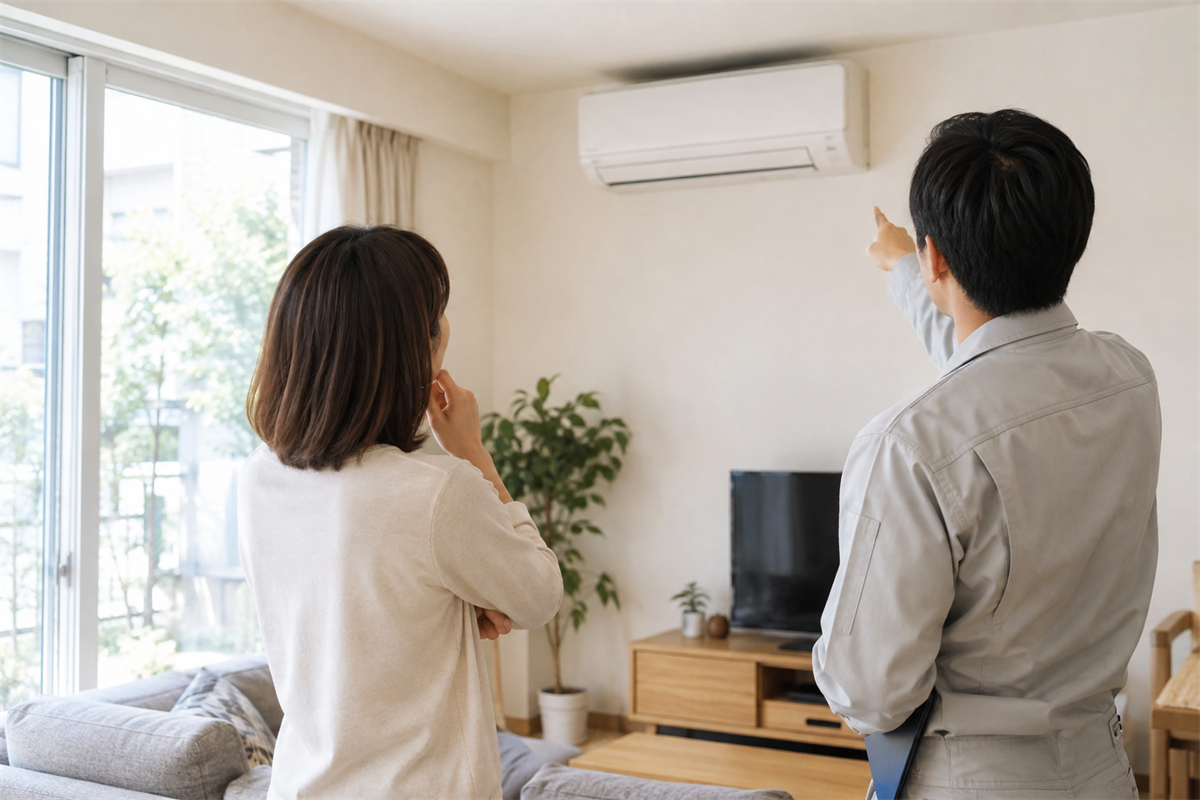 エアコンの状態を住人と担当者が確認するリビング