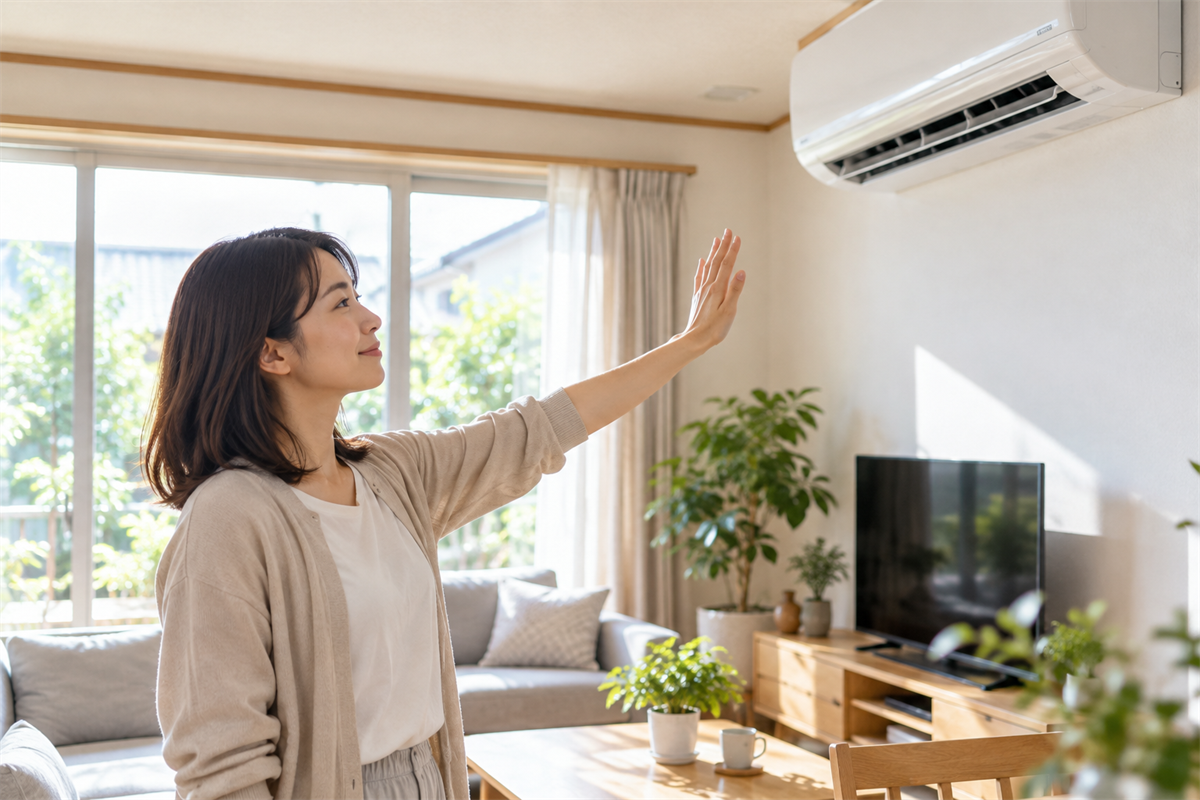 エアコンの表示ランプが消えたときに吹出口の風を確認する様子