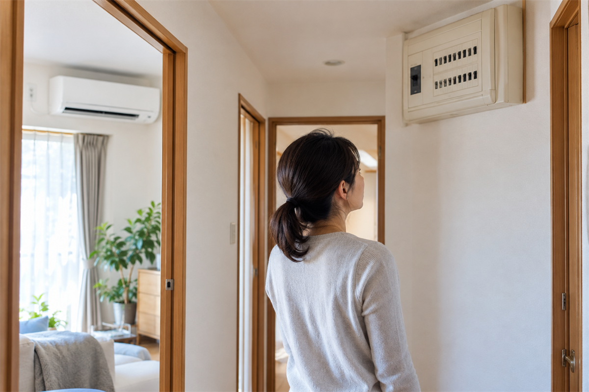 エアコンが反応しないときに分電盤の状態を目視する住人