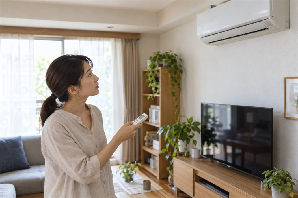 エアコン室内機の表示ランプを離れた場所から確認する人