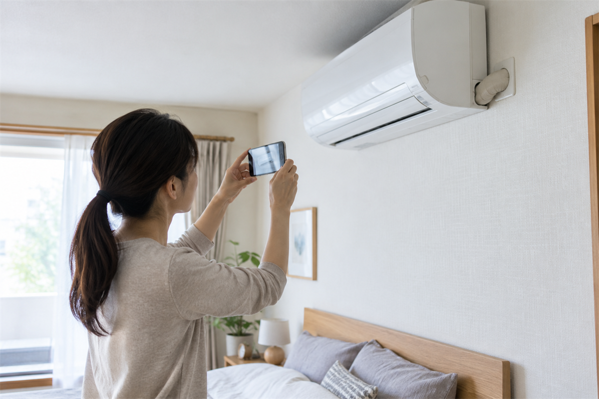 エアコン室内機の側面と壁とのすき間を安全な距離から撮影する様子