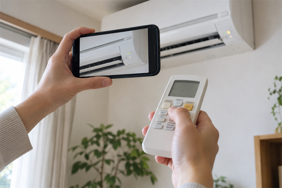 エアコンの点滅ランプとリモコン表示をスマートフォンで撮影する手元