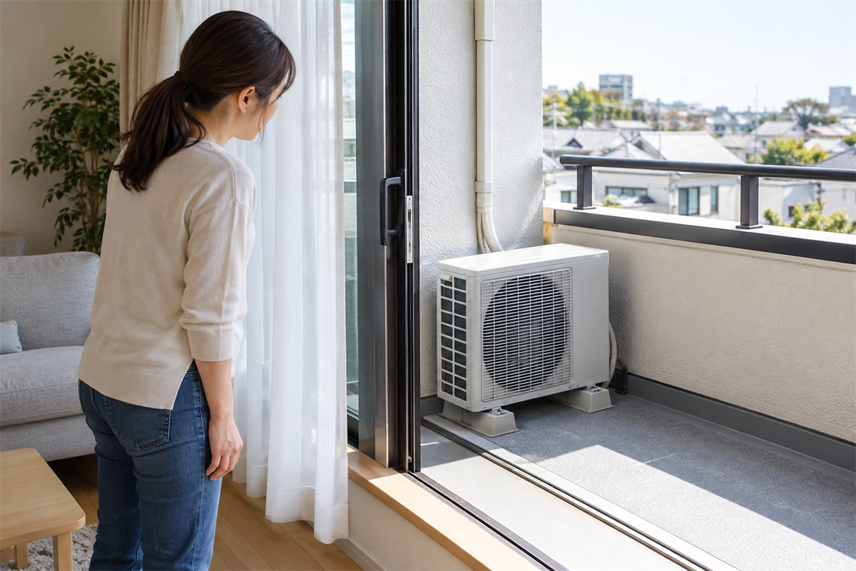 室内側からエアコンの室外機を触らず確認する様子