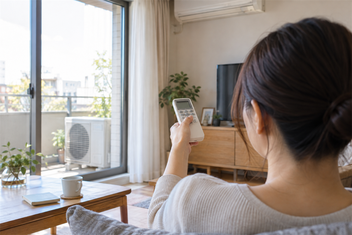 室外機を見ながらエアコンの運転モードを確認する様子