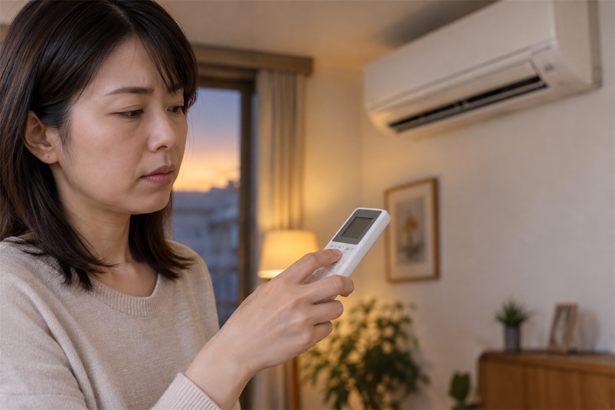異音や焦げ臭さを感じてエアコンの運転を止める様子