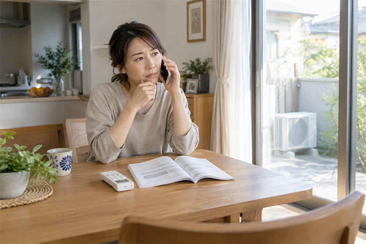 室外機ファンの停止について電話で相談する様子