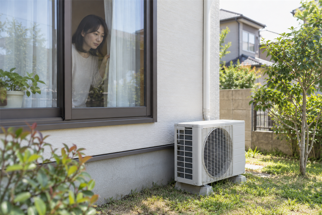 室内からエアコン室外機の様子を安全に確認する住人