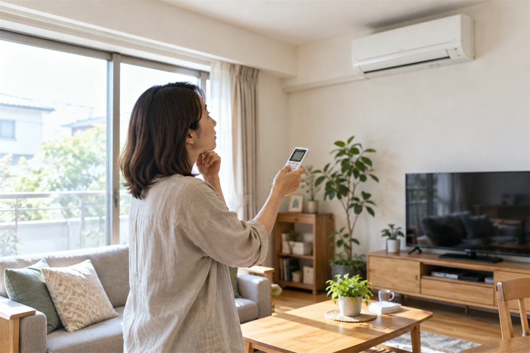 エアコンのタイマーが動かずリモコンを確認するリビング