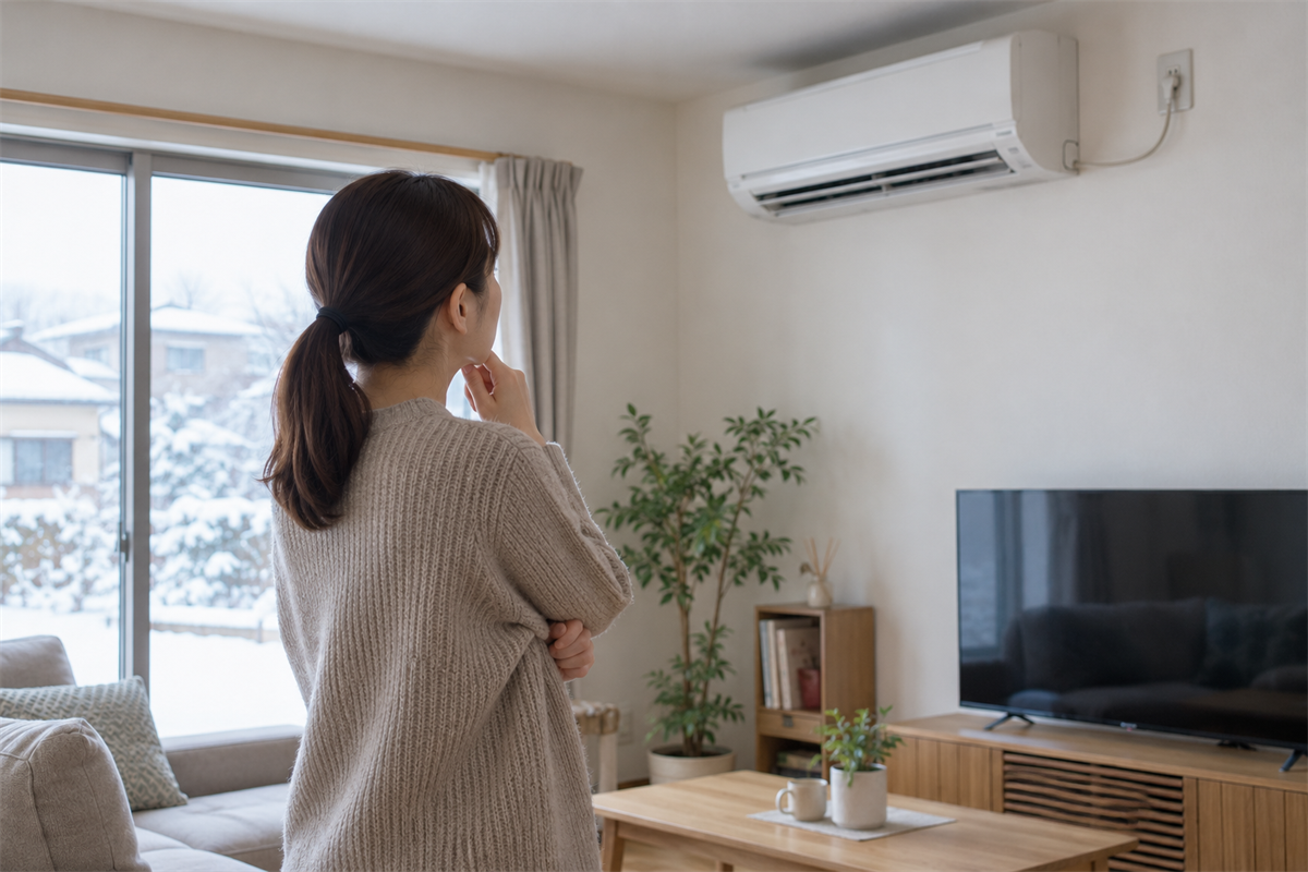 停止したエアコンと電源プラグ周辺を安全な距離から確認する様子
