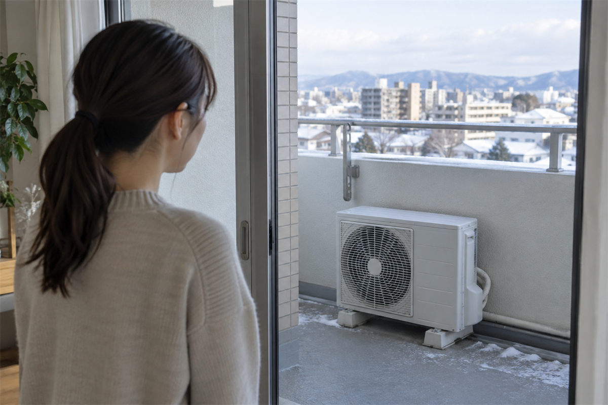 ベランダのエアコン室外機を安全な距離から確認する様子
